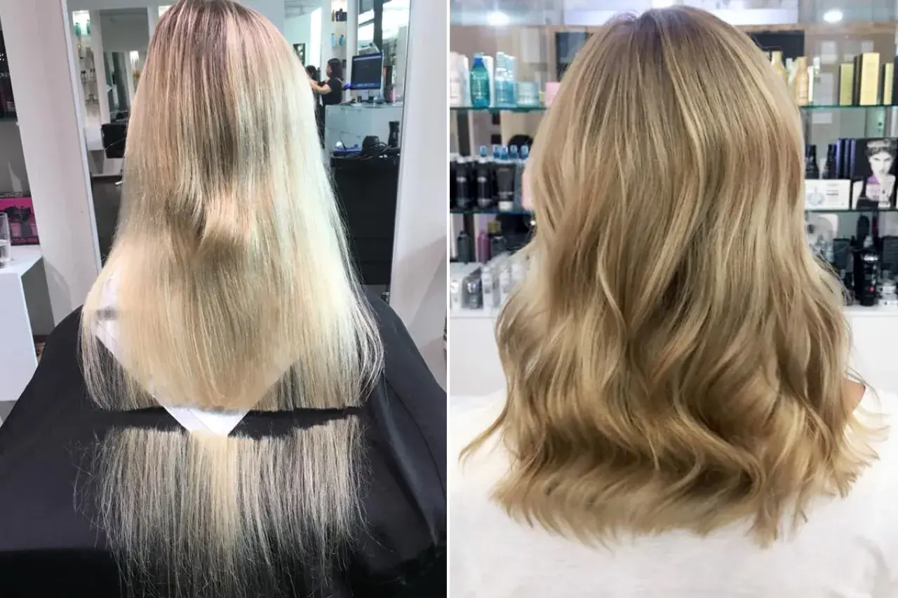 Vorher/Nachher-Vergleich: Lange, feine Haare werden zu einer voluminösen, welligen Mähne.