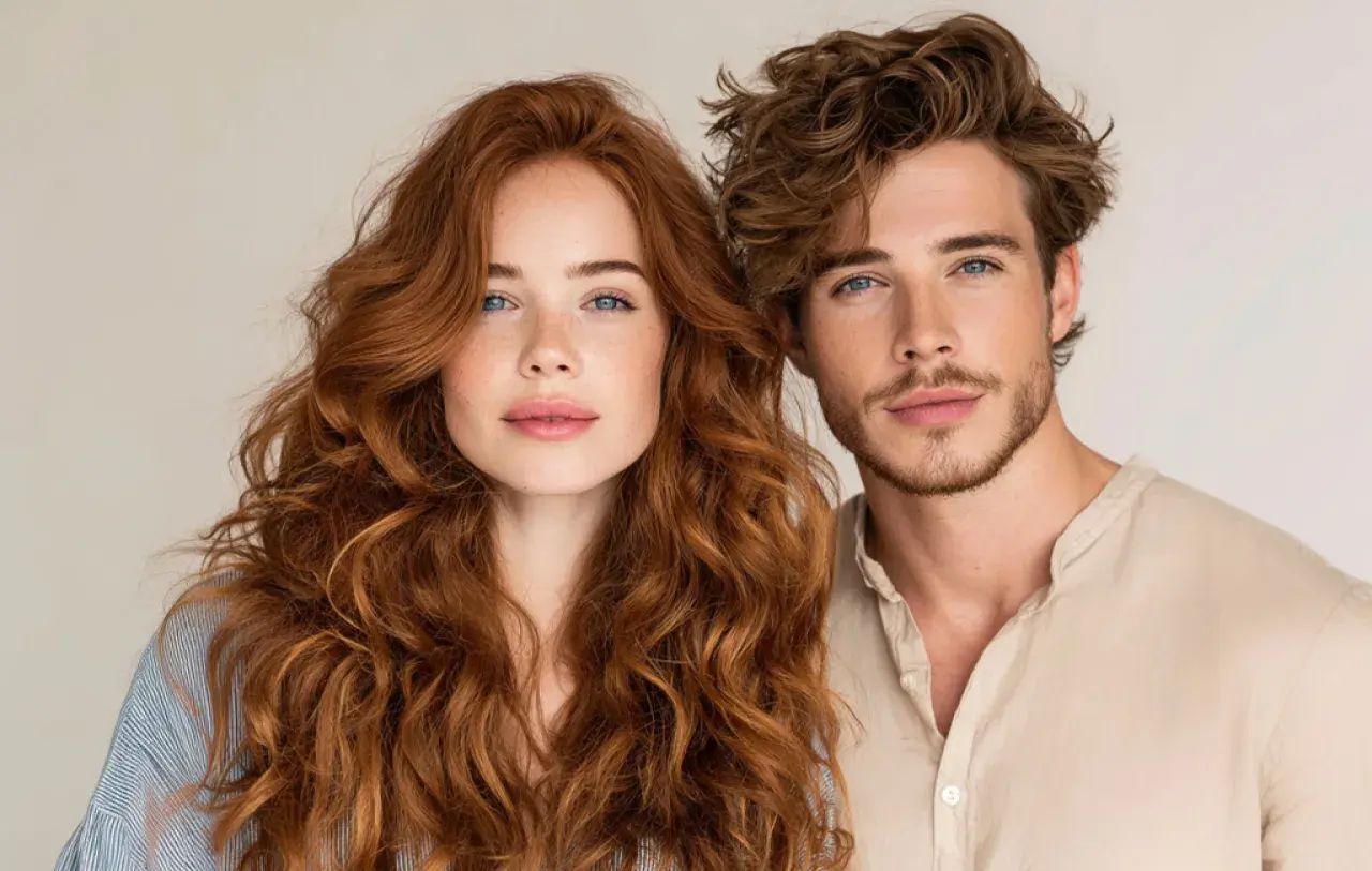 Ein Mann und eine Frau mit vollen, roten locken 2b und blauen Augen stehen nebeneinander.