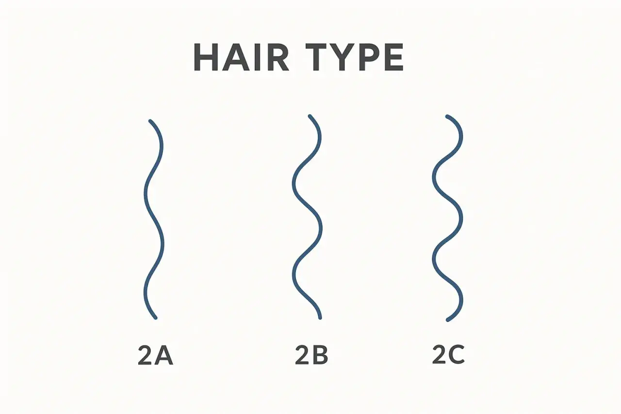 Drei Wellenlinien zeigen verschiedene Haartypen: 2A, 2B und 2C. Der Typ 2C hat die engsten Wellen.
