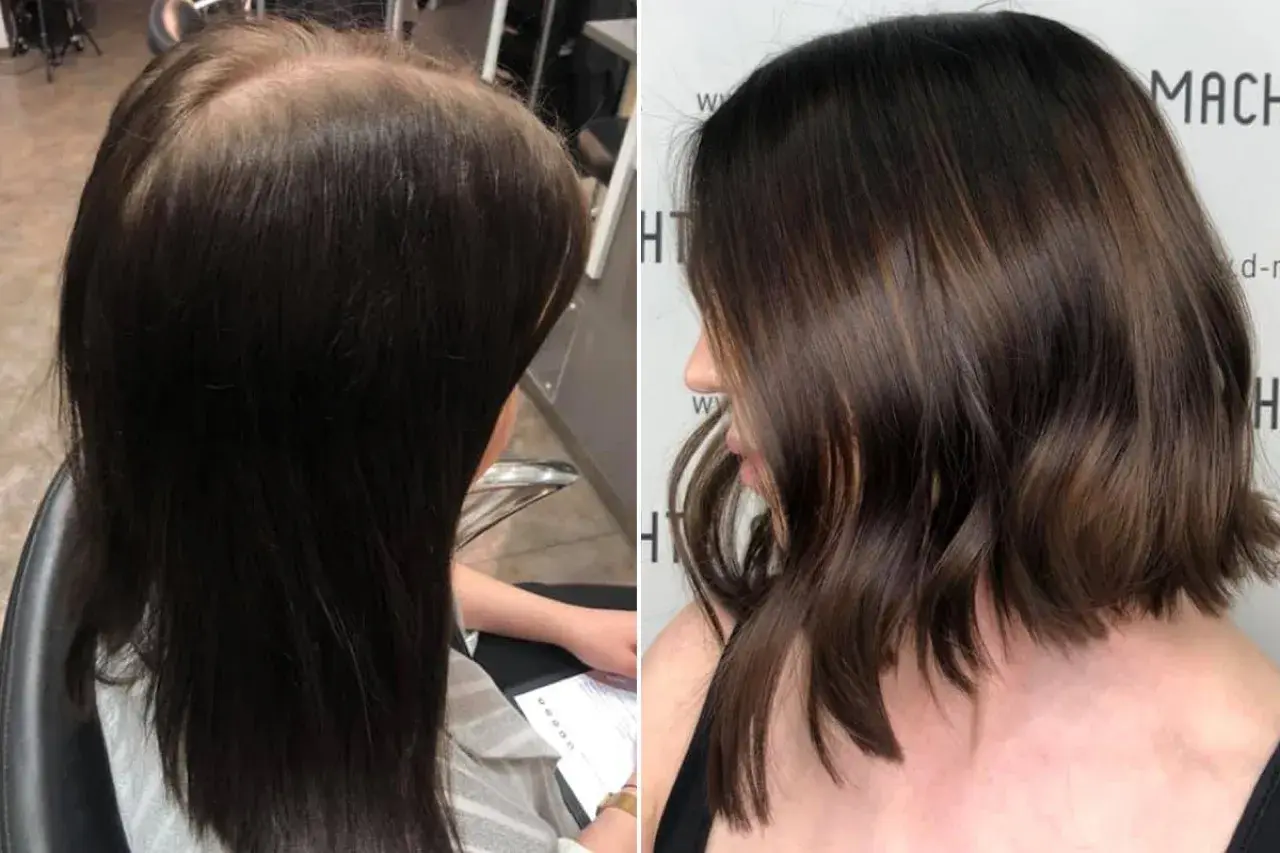 Vorher-Nachher-Vergleich: Dunkles Haar wird aufgehellt und zu einem Bob geschnitten. Die Haarfarbe entfernen war erfolgreich.