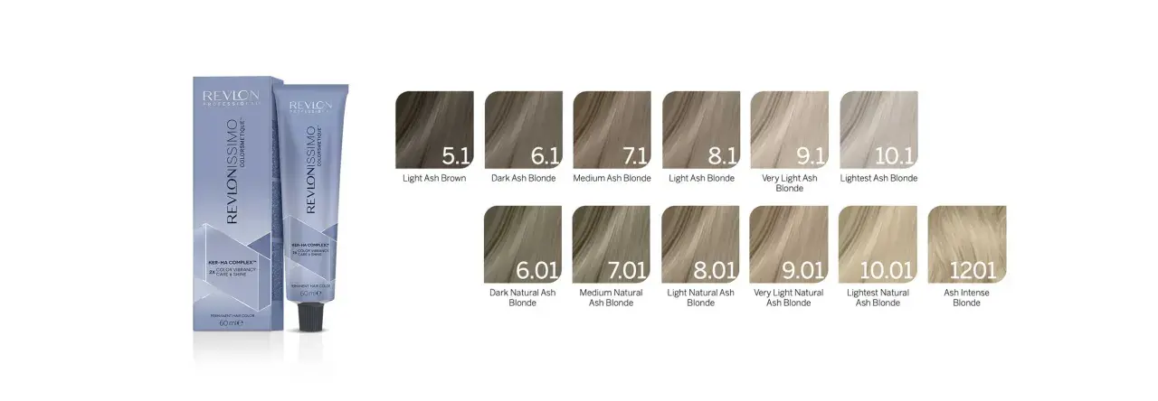 Revlonissmo haarfarben tabelle zeigt verschiedene Blond- und Brauntöne, von dunkel bis sehr hell, mit Asch- und Naturtönen.