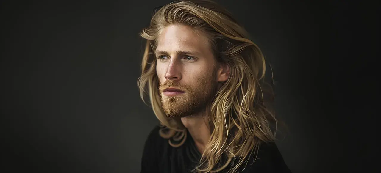 Mann mit mittellang pflegeleicht herren frisuren, blondes Haar, Bart, blickt nach rechts.