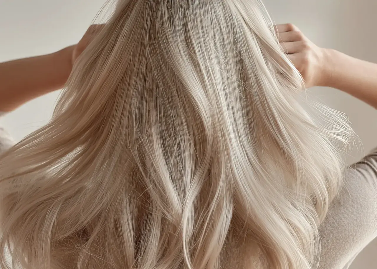 Blonde, dicke Haare fallen in Wellen über die Schultern. Eine Hand fährt durch das seidige Haar.