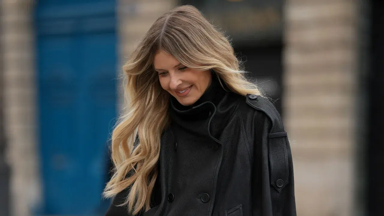 Frau mit blonden Haaren, die einen schwarzen Leder-Trenchcoat trägt. Ihre Haare haben einen schönen Ombre-Look, der an "Ombre selber machen" erinnert.