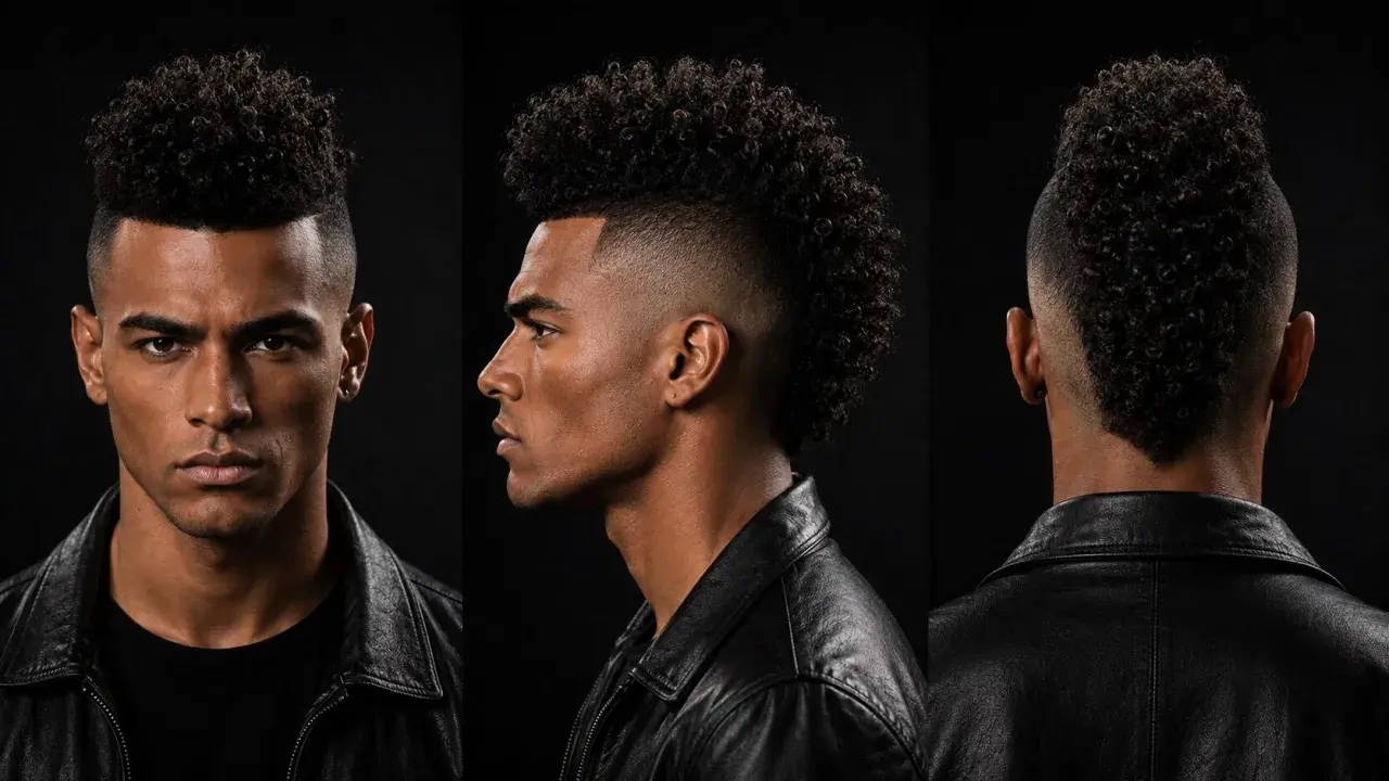 Mann mit kurzer Mohawk-Frisur, lockigem Oberkopf und an den Seiten kurz geschorenen Haaren, im Lederjacken-Look.