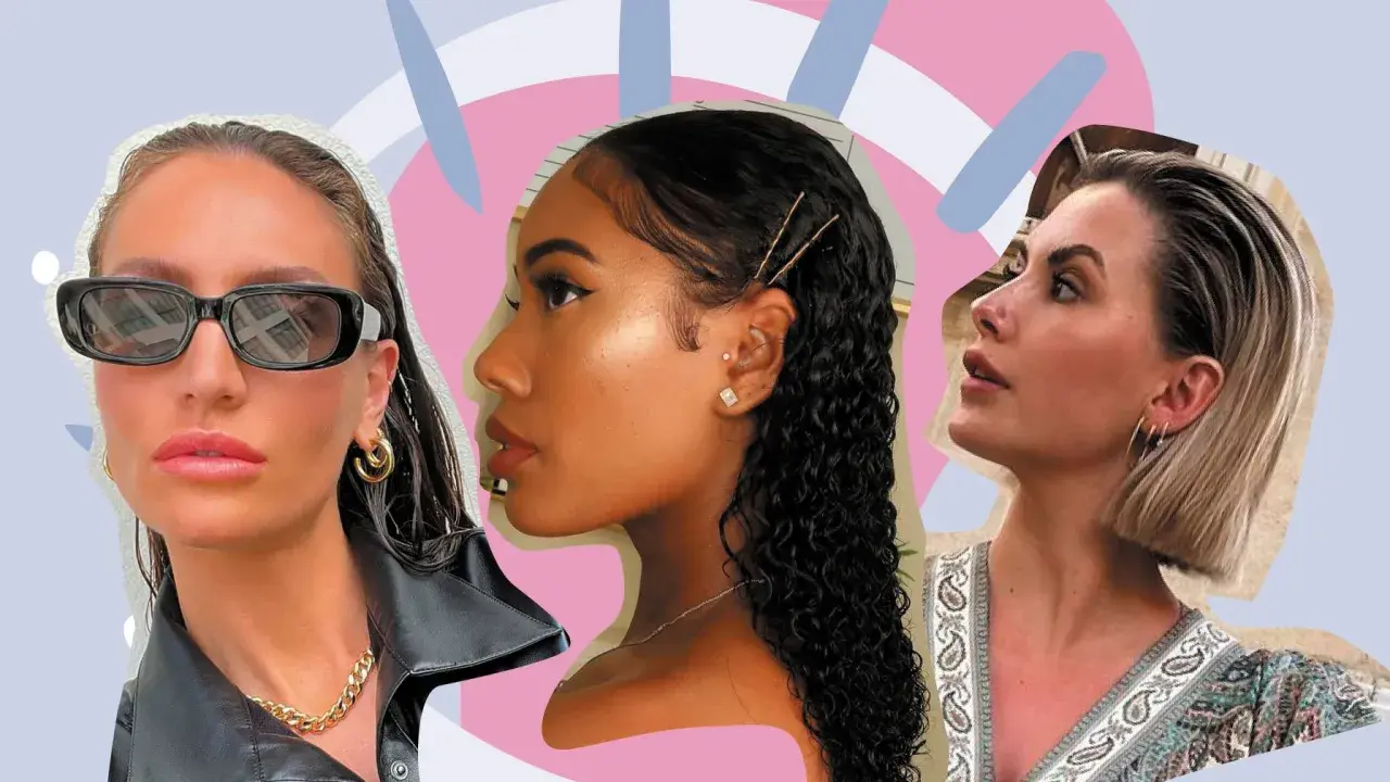 Drei Frauen mit nassen Haaren, inspiriert von einer Wasserrutsche Frisur. Eine trägt Sonnenbrille, die andere hat Haarnadeln, die dritte einen Bob.