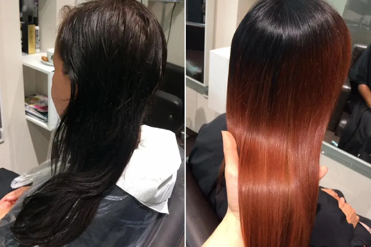 Vorher/Nachher: Dunkles Haar wird zu einem warmen Kupferton mit sanftem Übergang, der an Ombré vs. Balayage erinnert.