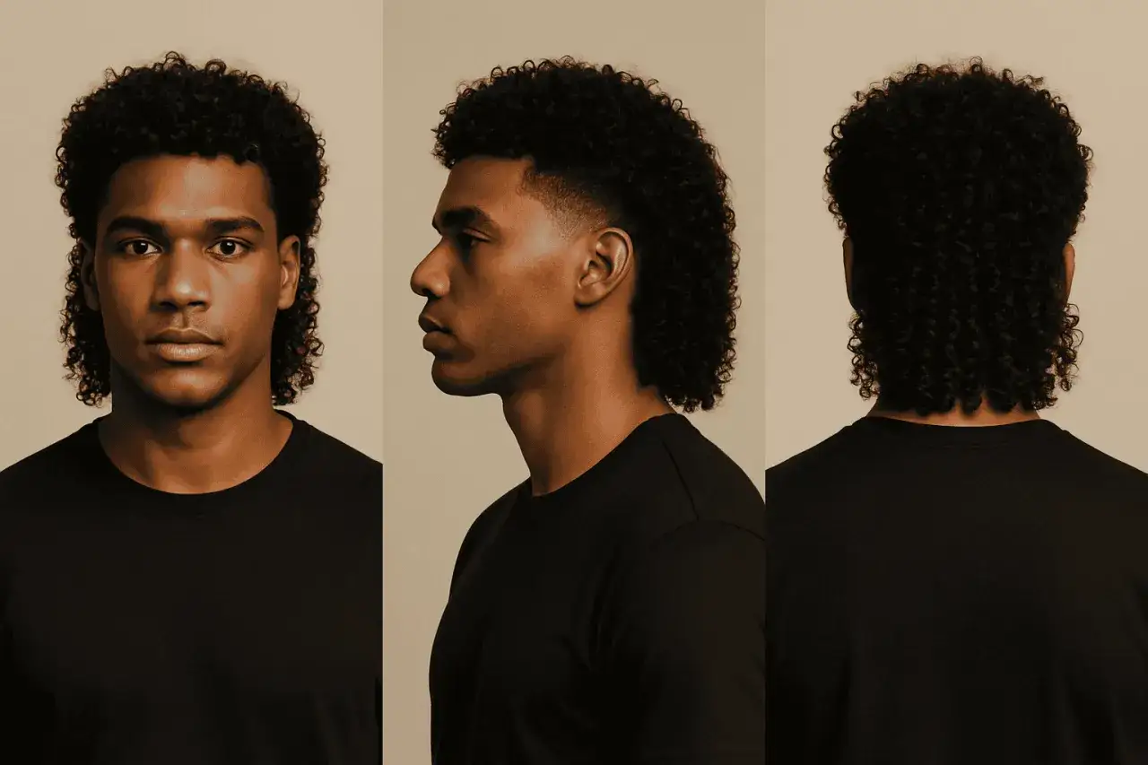 Mann mit modernen Mullet Locken, von vorne, Seite und hinten gezeigt.