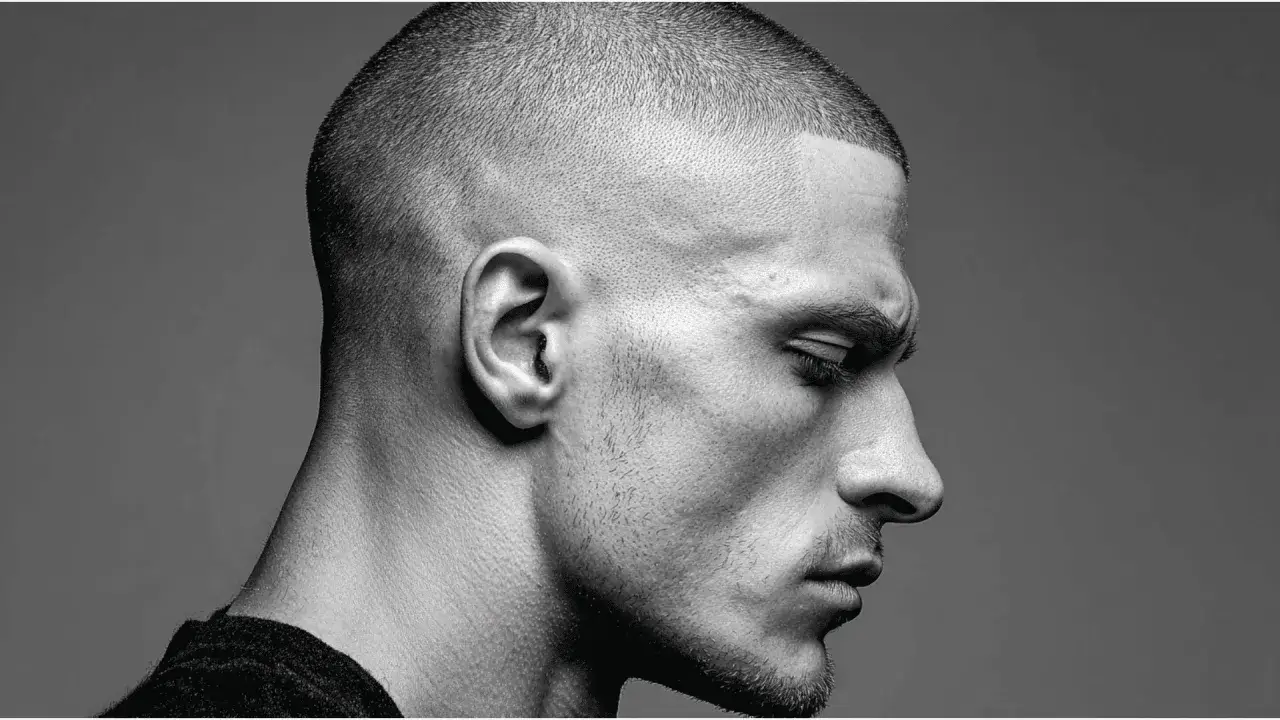 Profil eines Mannes mit einem präzisen Buzz Cut 15mm. Sein Blick ist nach unten gerichtet, die Haut ist detailreich dargestellt.