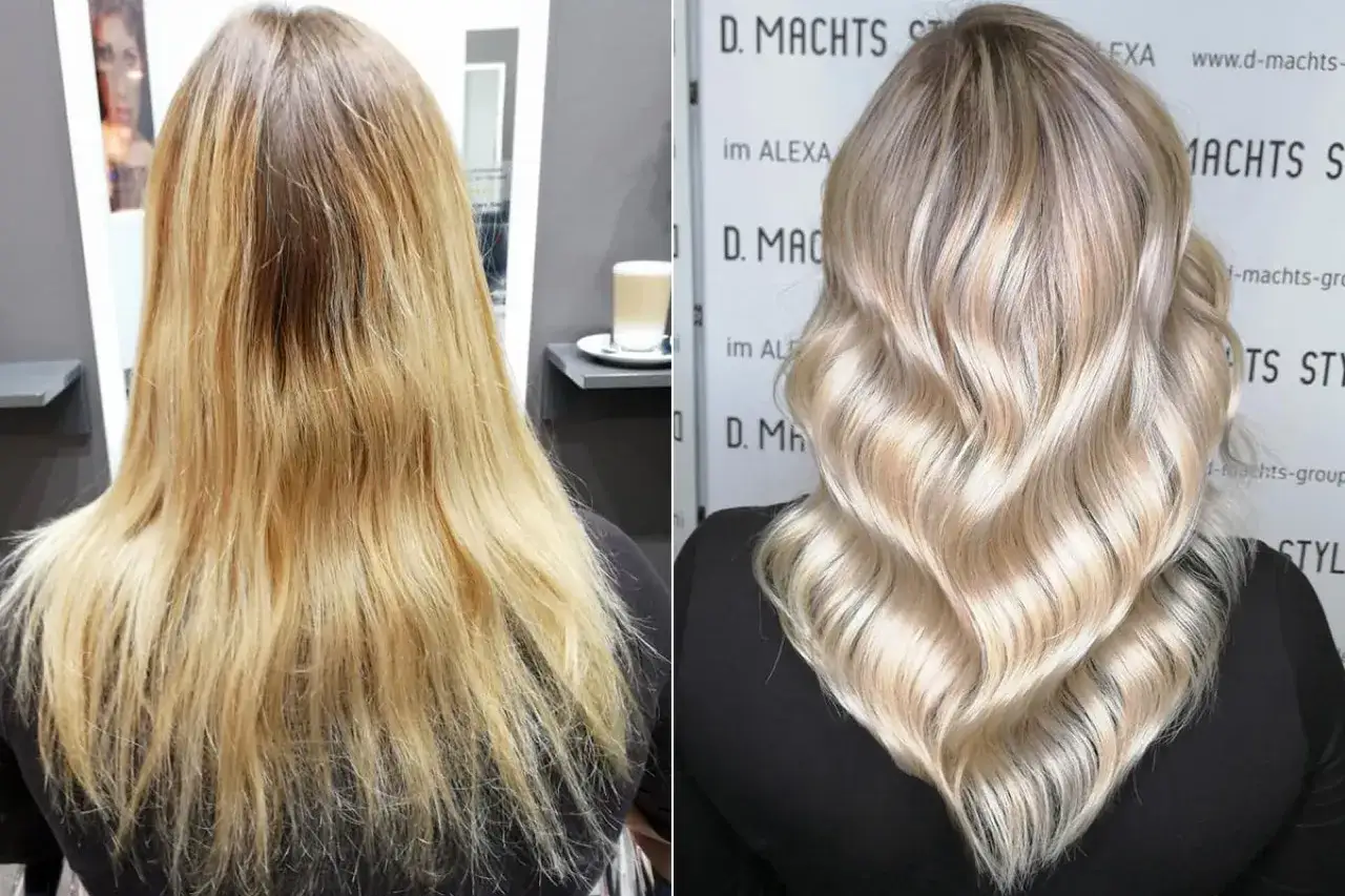 Vorher: gelbstich haare, stumpf. Nachher: strahlendes Blond, glänzend und wellig.
