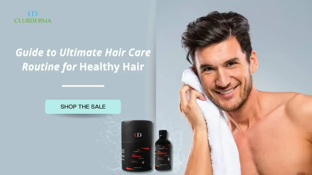 Mann mit starkem Haar, der sich mit einem Handtuch abtrocknet. ClubDerma Anti-Schuppen-Produkte.