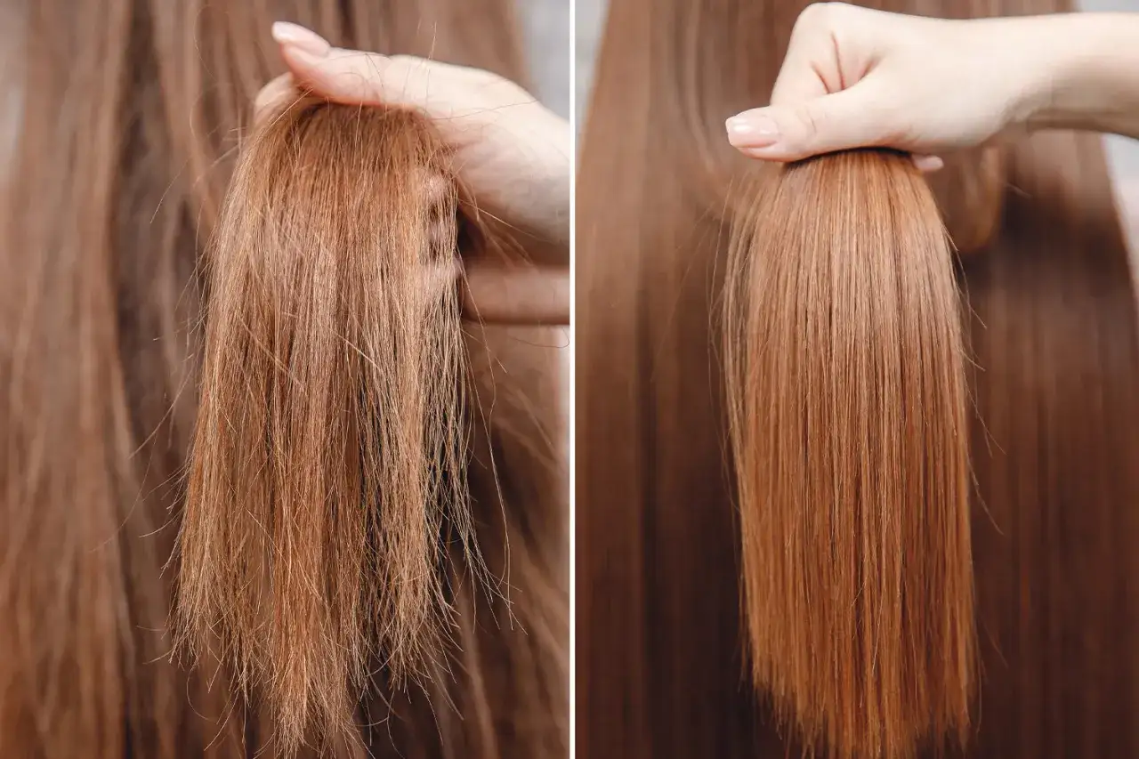 Vorher: widerspenstige Haare, die abstehen. Nachher: glattes, seidiges Haar.