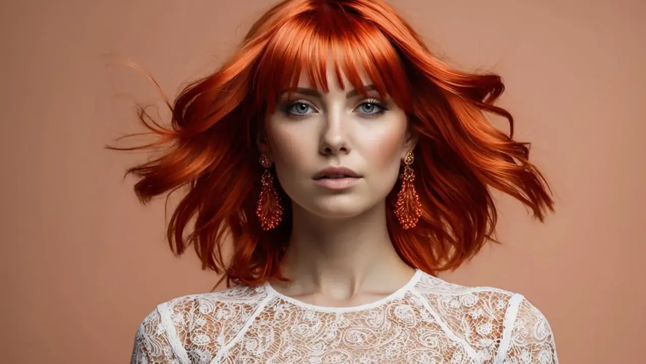 Frauen mit blauen Augen und heller Haut stehen kupferfarbene Haare besonders gut. Hier eine Frau mit leuchtend roten Haaren und auffälligem Schmuck.