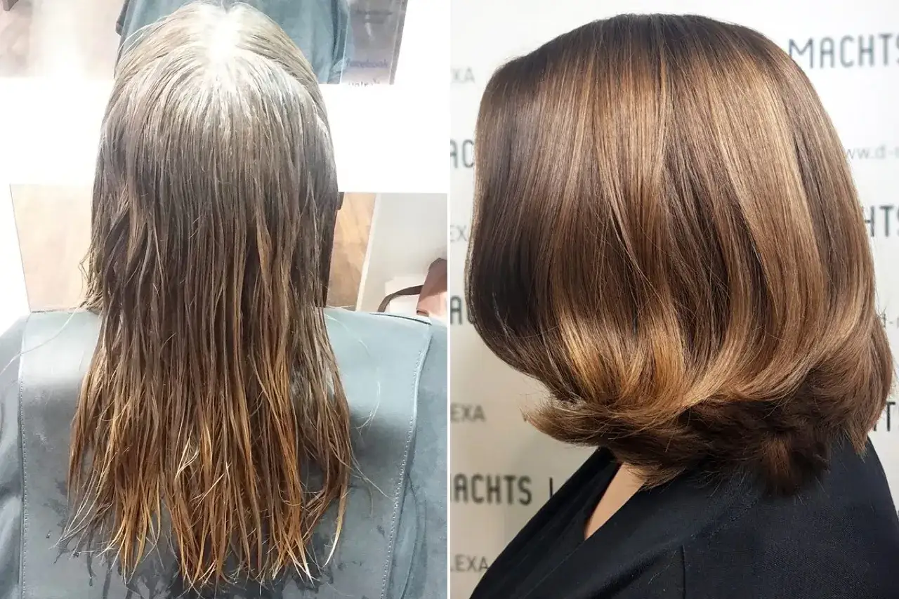 Vorher: lange feine haare, nass und glanzlos. Nachher: voluminöser, glänzender Bob in warmen Brauntönen.