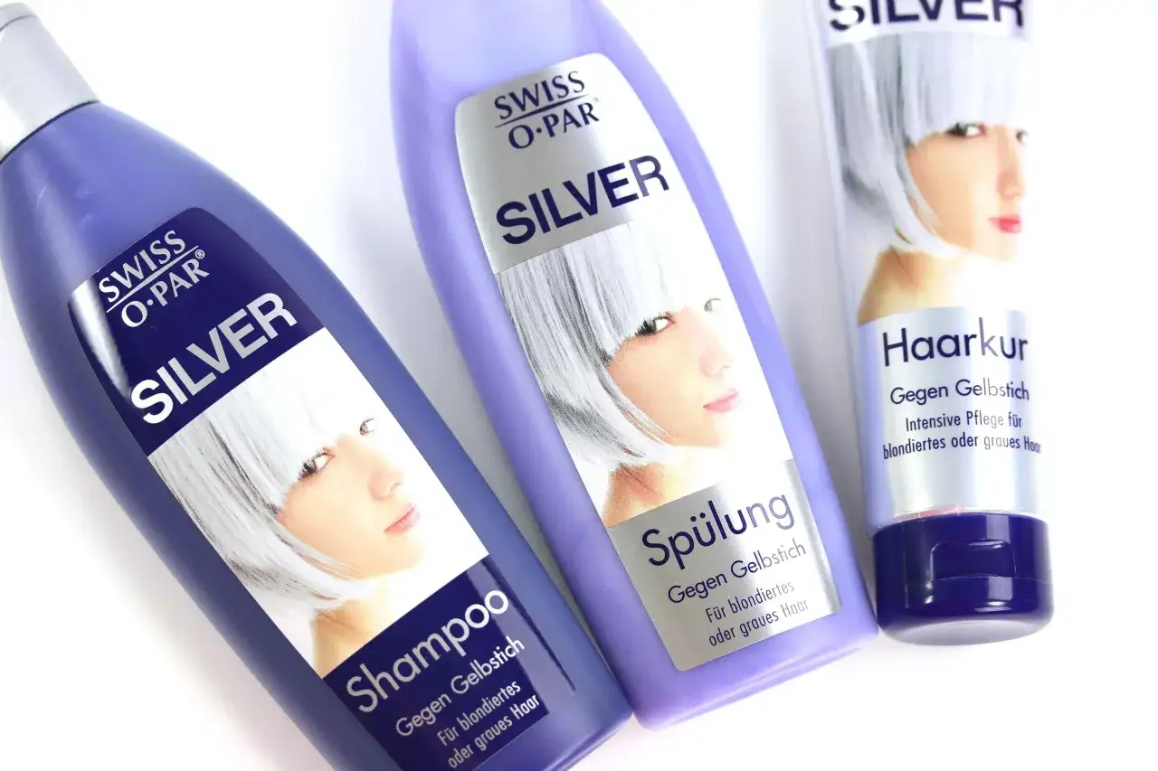 Swiss O-Par Silver Shampoo, Spülung und Haarkur gegen Gelbstich. Für blondiertes oder graues Haar. Vorher-Nachher-Effekt für strahlendes Silberhaar.
