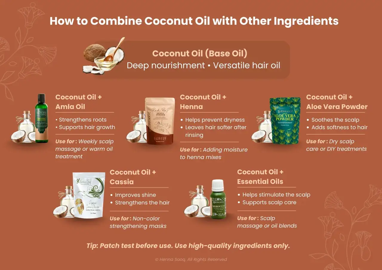Kokosfett für Haare: Kombiniere Kokosöl mit Amla, Henna, Aloe Vera, Cassia oder ätherischen Ölen für tiefe Pflege und Stärkung.