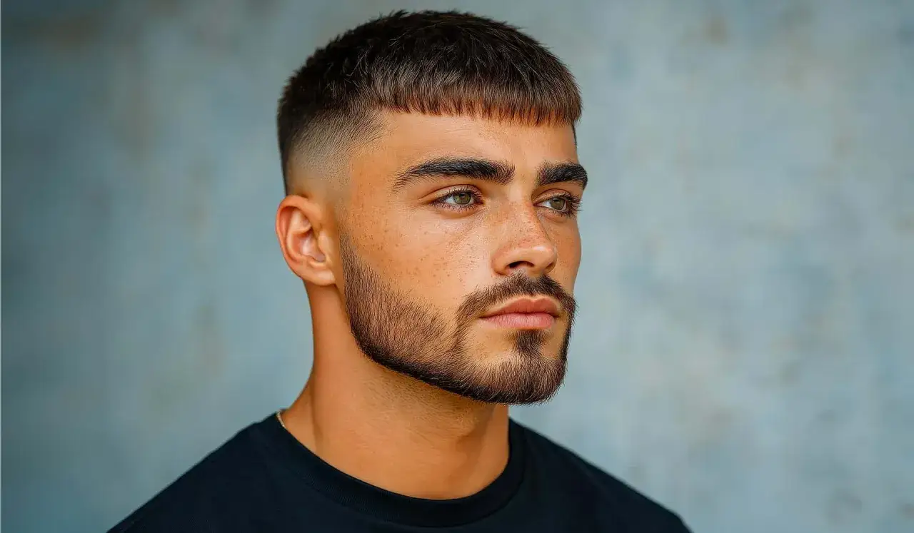Junger Mann mit einem modernen french crop und einem präzisen low fade Haarschnitt.