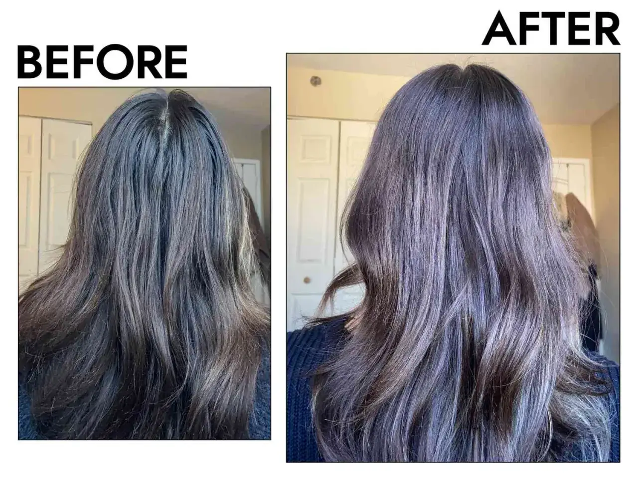 Vorher/Nachher-Vergleich: Dunkles Haar wird heller und erhält einen graublauen Ton nach der Haarfarbe entfernen Behandlung.