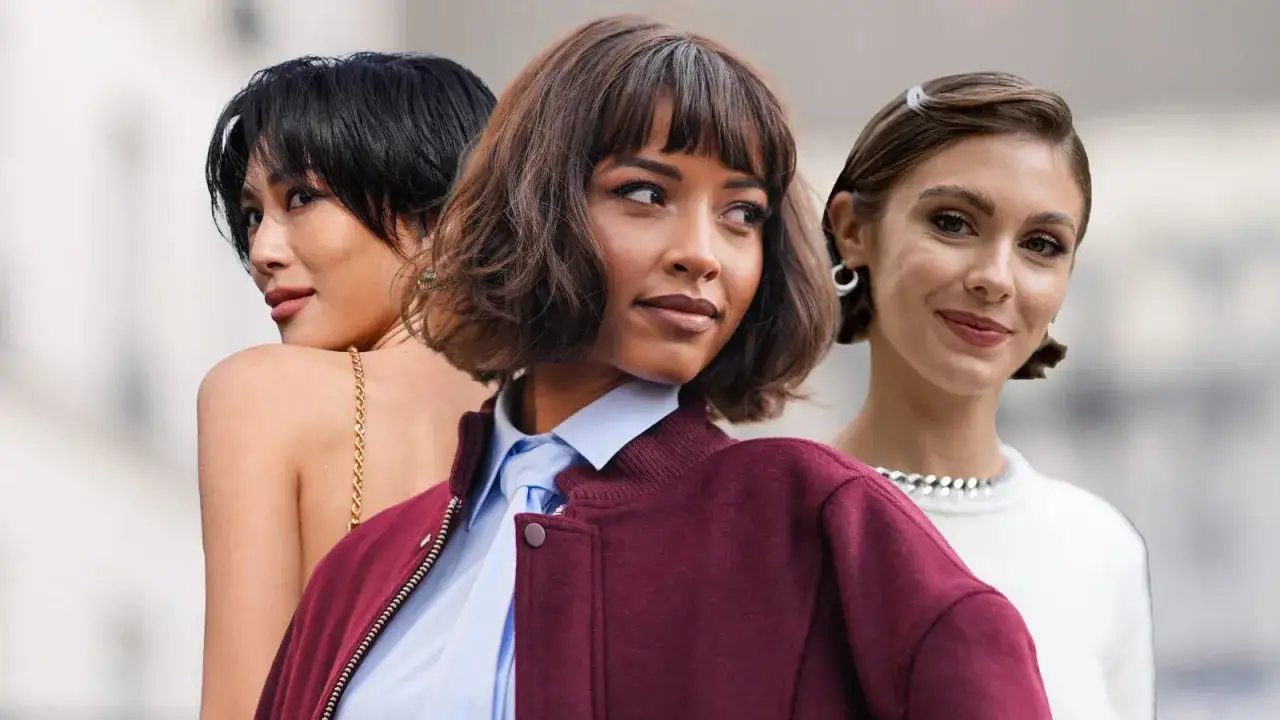 Drei Frauen mit verschiedenen Frisuren: ein kurzer Bob, ein weiterer kurzer Bob und ein sehr kurzer Bob.