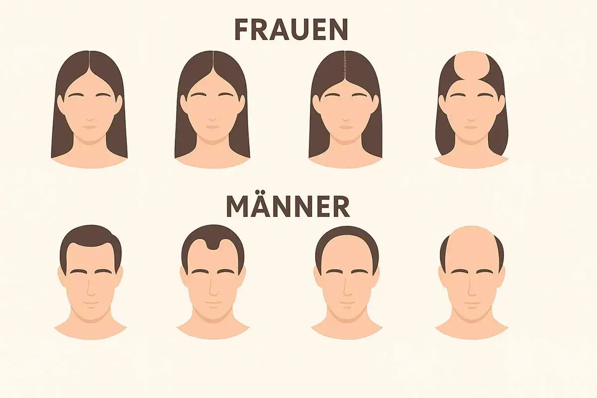 Illustration zeigt verschiedene Stadien von Haarausfall bei Frauen und Männern. Von vollem Haar bis zu kahlen Stellen.