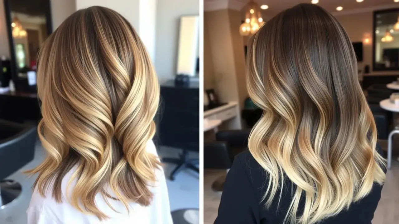 Zwei Frisuren mit Farbverlauf: links ein subtiler Balayage-Look, rechts ein stärkerer Ombré-Effekt.