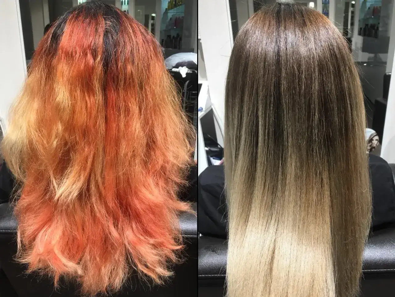 Vorher/Nachher: Orange Haare nochmal blondieren. Von feurigem Orange zu einem sanften Blondton.