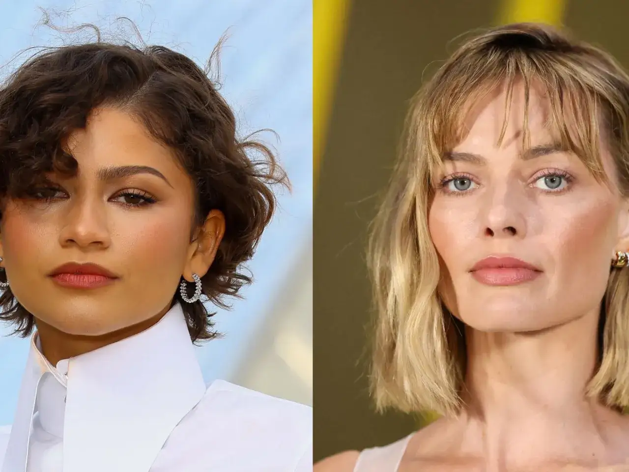 Zendaya und Margot Robbie mit stylischem Pagenschnitt Damen. Beide Schauspielerinnen zeigen elegante Frisuren.