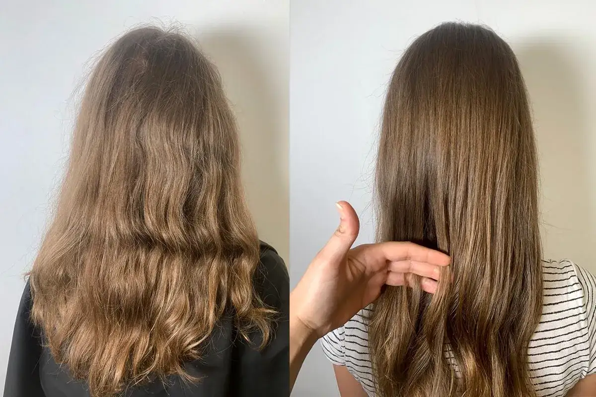 Vorher/Nachher-Vergleich: krauses Haar wird glatt und glänzend nach einer brasilianischen Keratinbehandlung.