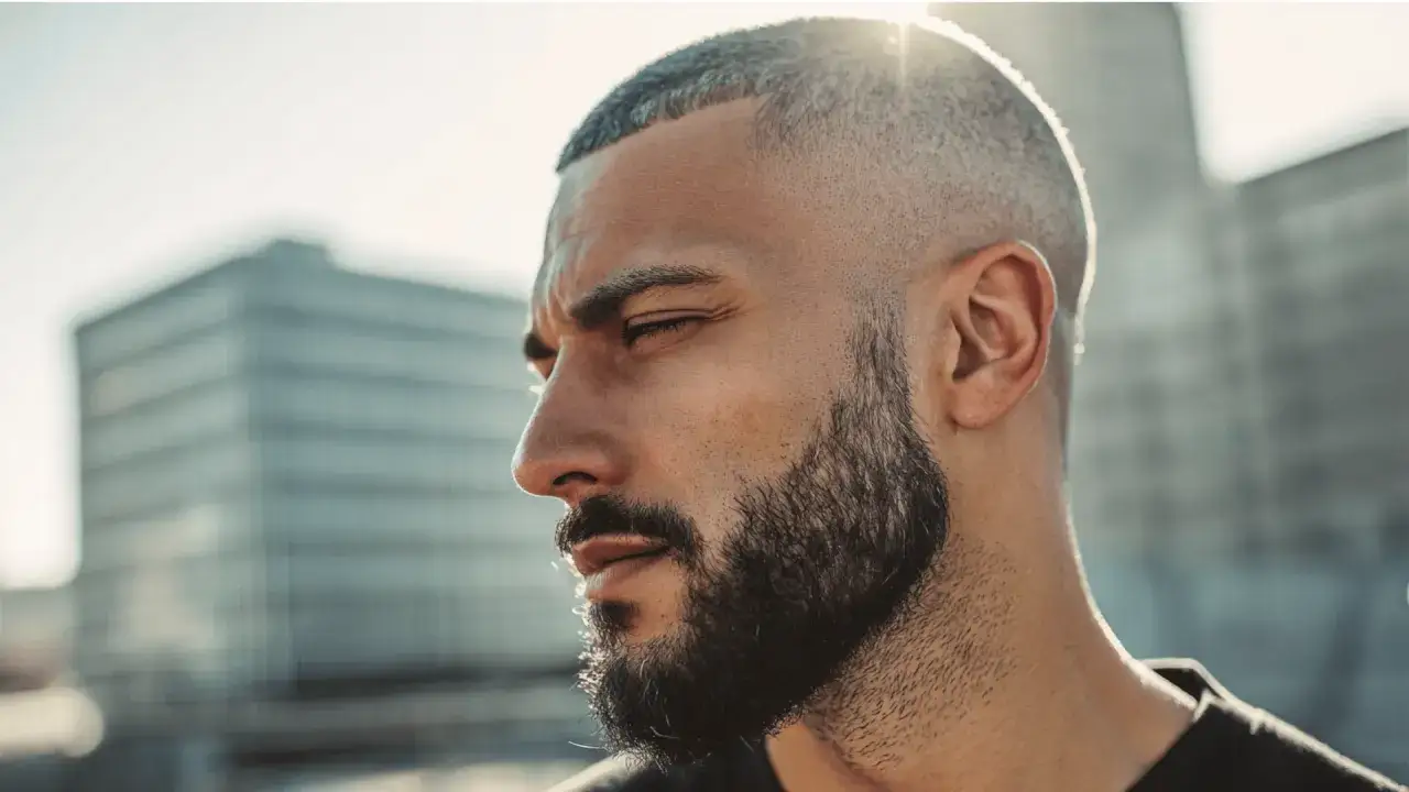 Mann mit Bart und buzz cut, im Profil, mit geschlossenen Augen, vor unscharfem Gebäude.