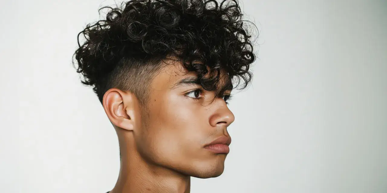 Ein junger Mann mit dunklen, lockigen Haaren, die an eine Dauerwelle erinnern, und einem modernen Undercut.
