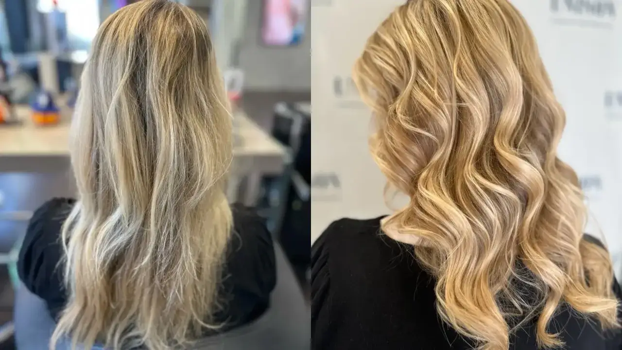 Vorher-Nachher-Vergleich: Blondes Haar wird zu gl&auml;nzenden Wellen. Aktuelle Haarfarben-Trends f&uuml;r einen strahlenden Look.