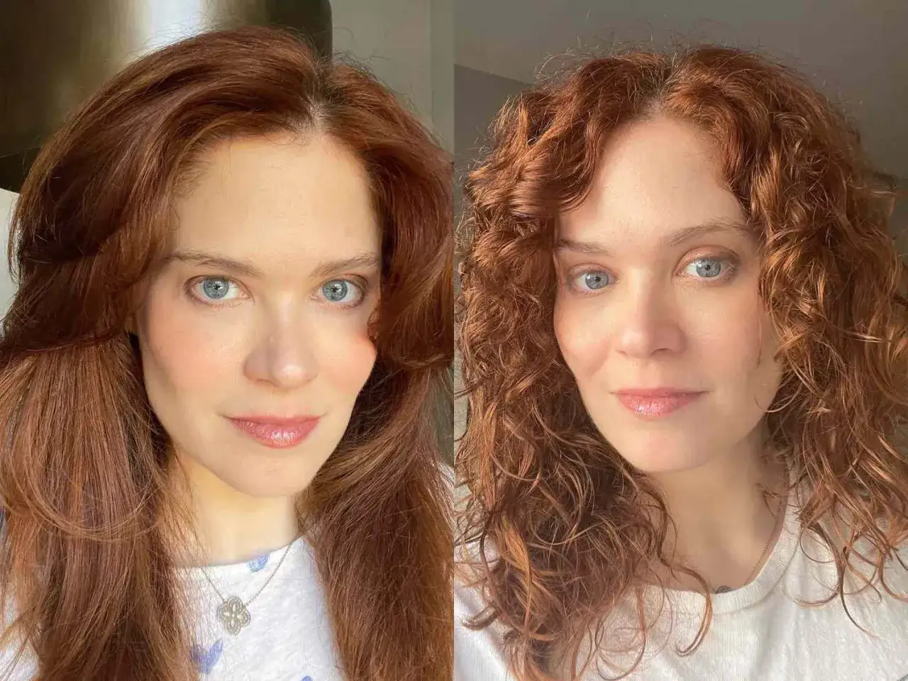 Frau mit roten Haaren, links glatt, rechts mit 3a Locken.
