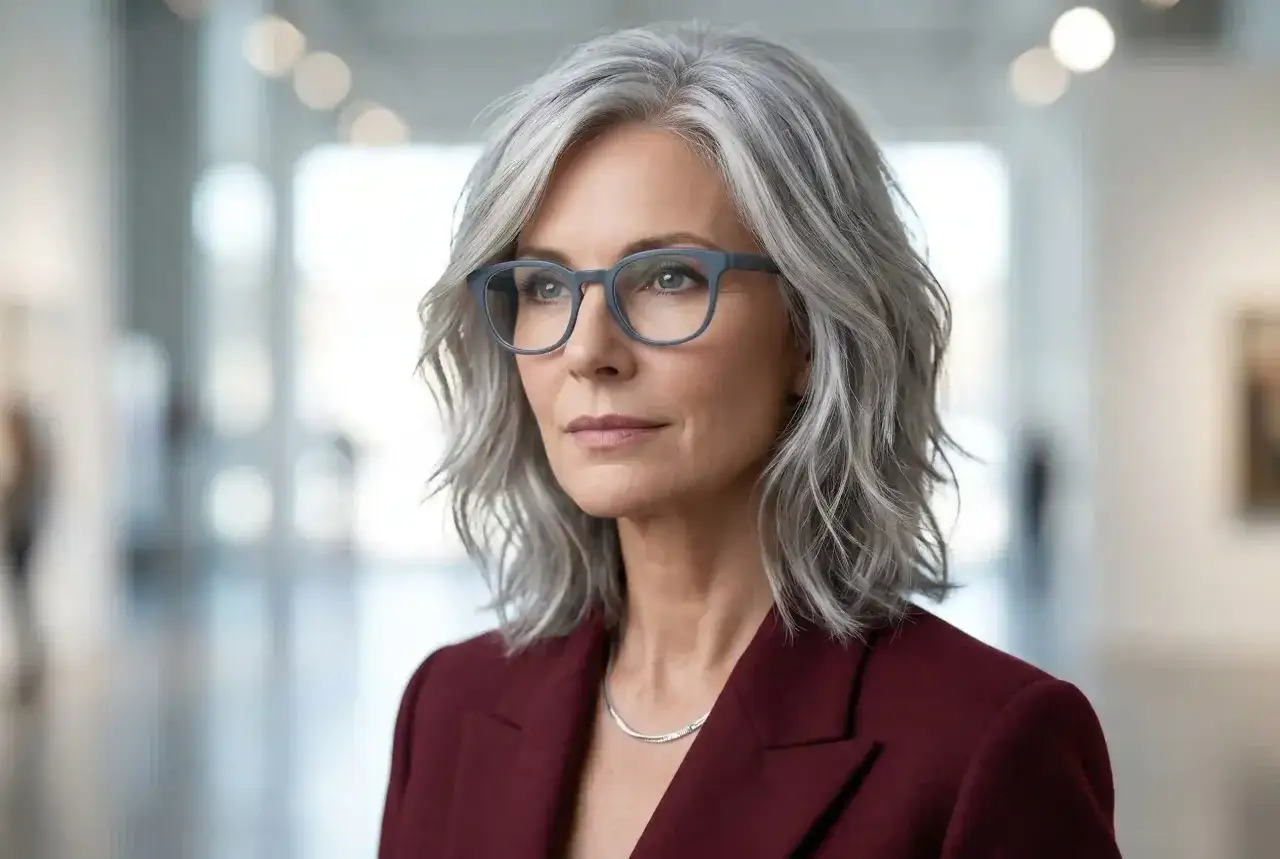 Elegante Frau mit grauen Haaren, die eine modische Frisur trägt. Sie trägt eine Brille und einen dunkelroten Blazer.