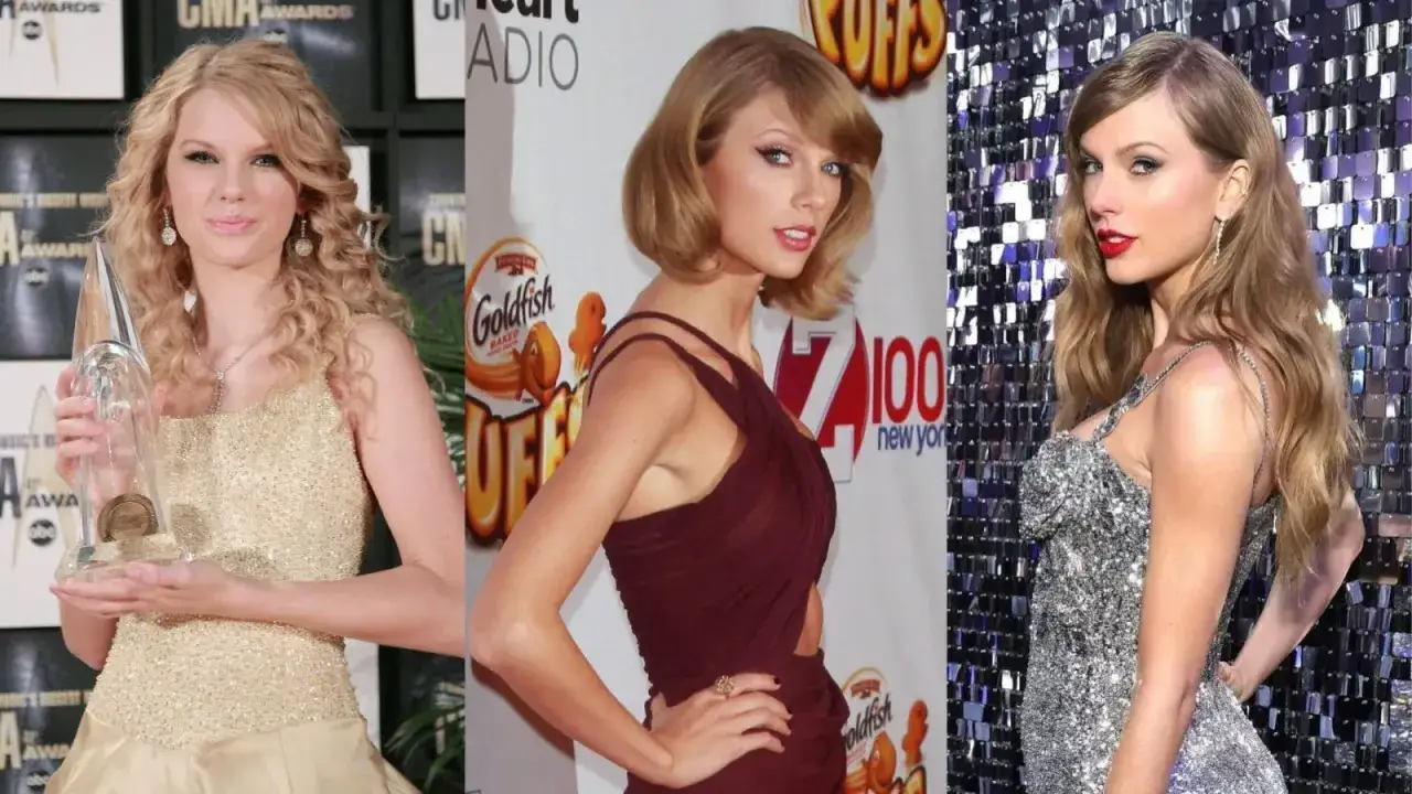Taylor Swift mit ihrer ikonischen taylor swift haarfarbe, von blonden Locken bis zu einem schicken Bob.