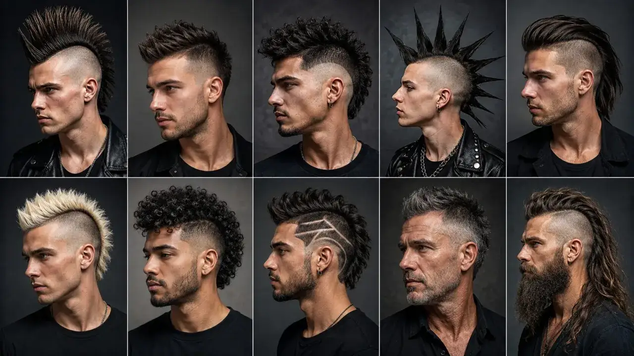 Männer mit verschiedenen kurz geschnittenen Mohawk-Frisuren, von spitz bis lockig.
