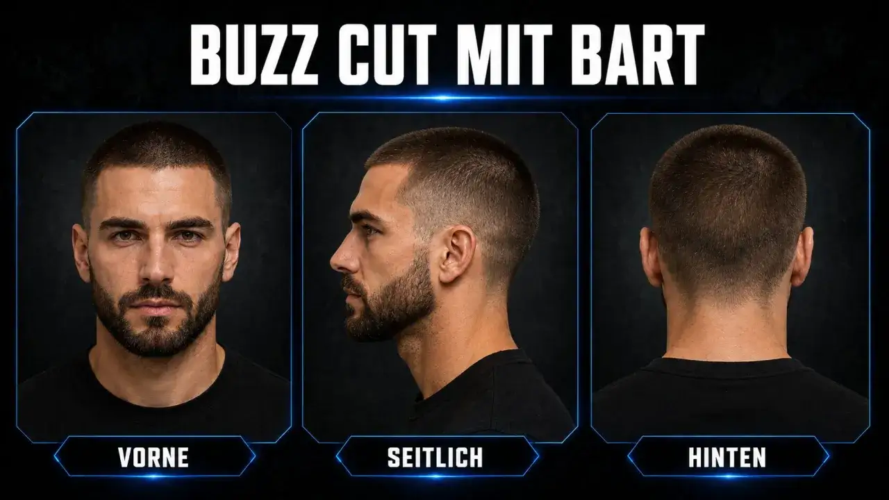 Mann mit Buzz Cut 10mm und Bart. Dreiseitige Ansicht: vorne, seitlich, hinten.