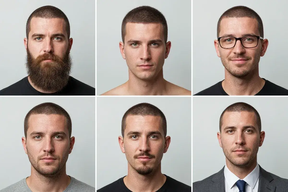 Mann mit Buzz Cut Long, Bart, Brille und Anzug. Sechs Porträts zeigen verschiedene Looks.